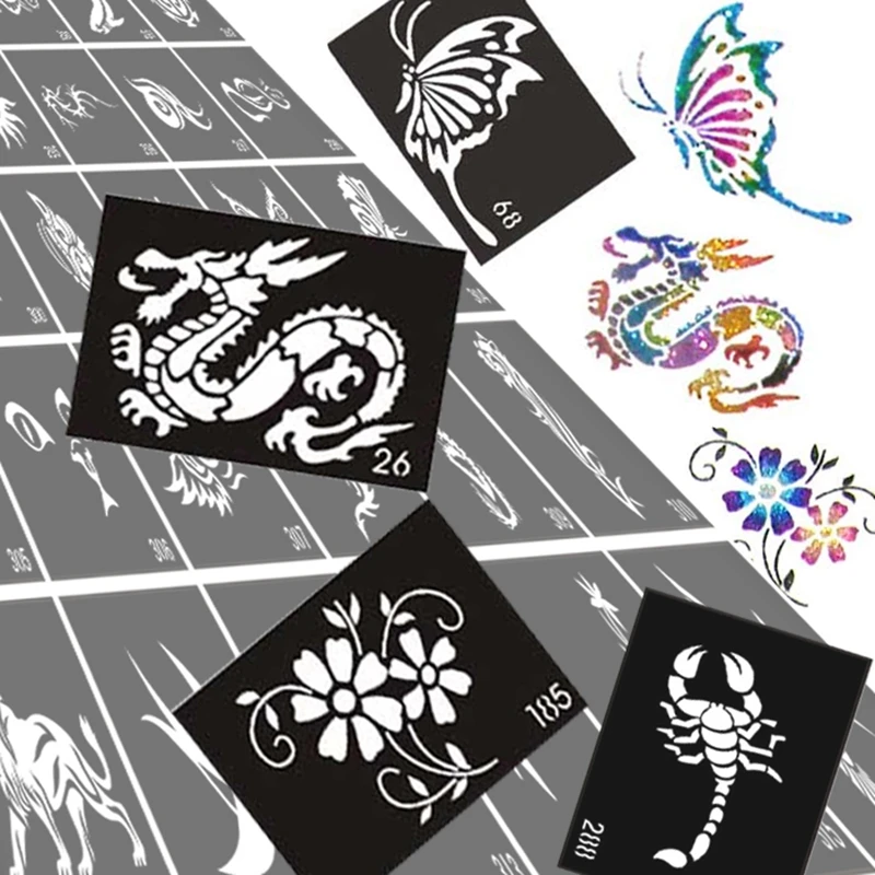 

50pcs Glitter Tattoo Stencil Drawing For Painting, Airbrush Tattoo Stencils For Tattoos Temporary Henna Templates Stickers