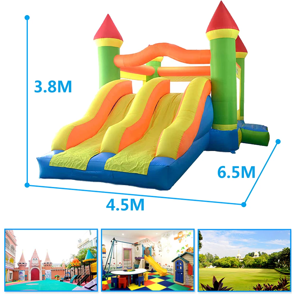 Gigantes do Dobro do Obstáculo do Trampolim do Castelo do Salto com o Ventilador Presente de Natal do Castelo Corrediças Infláveis Ventilador 6.5*4.5*3.8 m Tamanho Grande Bouncy com o 3 do trampolim do castelo do salto com