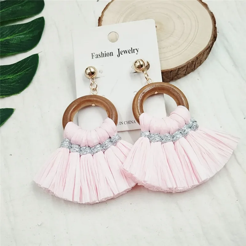 Handmade Exaggeration Fashion Braided Lafite Weaving Tassel Big Earrings Bohemian Style Wedding Party Jewelry Gift ET55 (4)