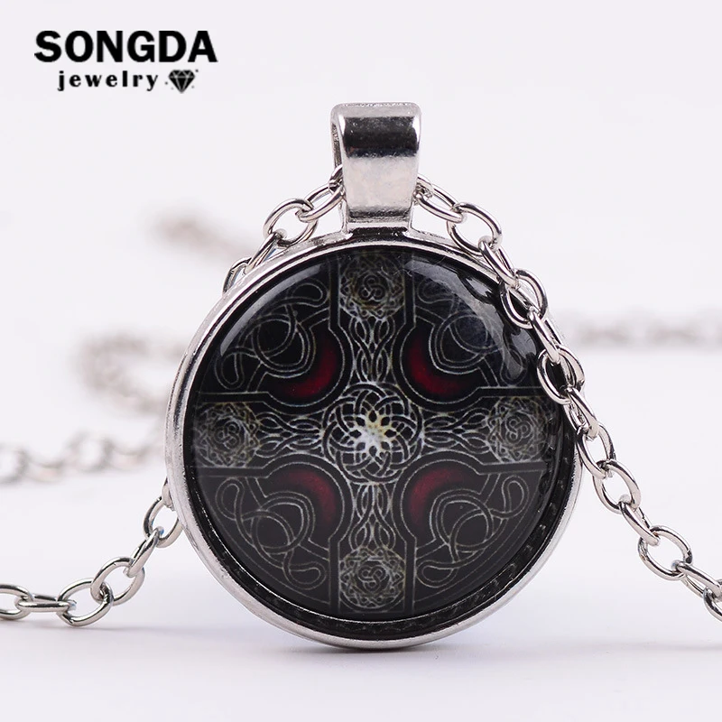 

SONGDA Armenian Knots Cross Charm Black Necklace Handmade Photo Glass Cabochon Amulet Pendant Druid Jewelry 2 Color Chain Choose