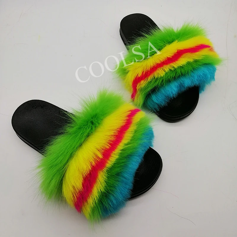 

COOLSA New Hot Ladies Home Imitation Fur Slippers Fashion Natural Fluffy Plush Slides Women's PVC Faux Furry Flat Flip Flops