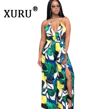 

XURU summer new women's printed jumpsuit sexy sling slit wide leg jumpsuit casual multi-color jumpsuit to send belt