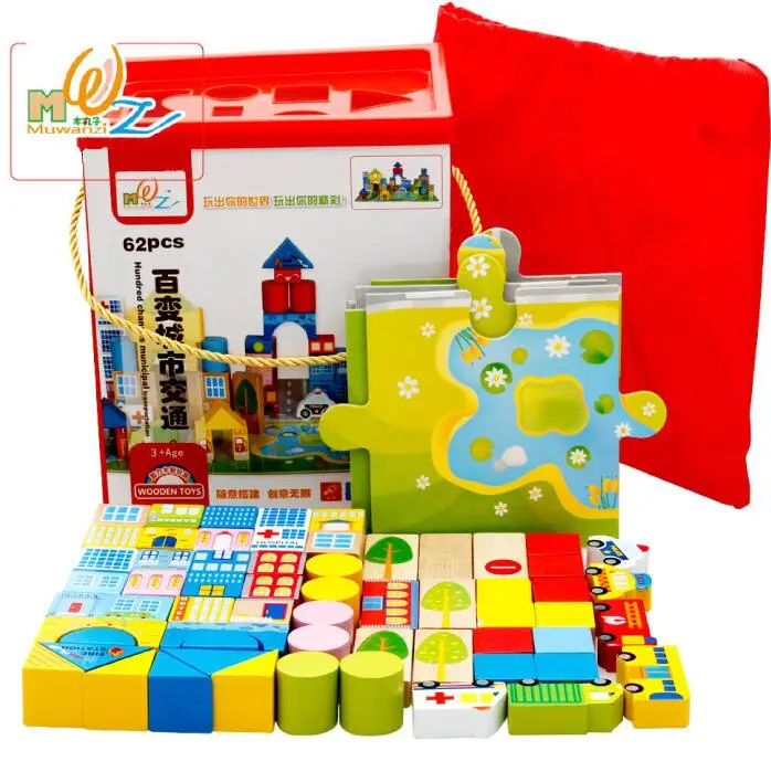

MWZ 62Pcs City Traffic Blocks Wooden Kids Educatinal DIY Toy for Children Colorful Building Block Color Shape Cognition Wood Toy