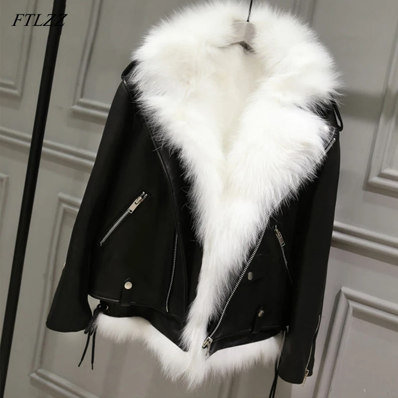 FTLZZ Winter Pu Leather Jackets Women White Faux Fur Vest+ Black Faux