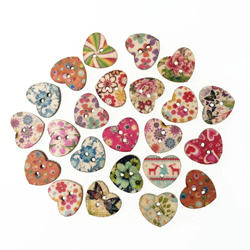 

100Pcs Random Mixed Wooden Button Heart Shape Flower Sewing Accessories Decorative Buttons Handmade Scrapbooking Craft DIY 17mm