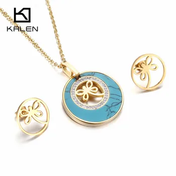 

Kalen Women Trendy Jewelry Blue & Stainless Steel Mexico Gold Color Butterfly Bowknot Pendant Necklace & Earrings Set