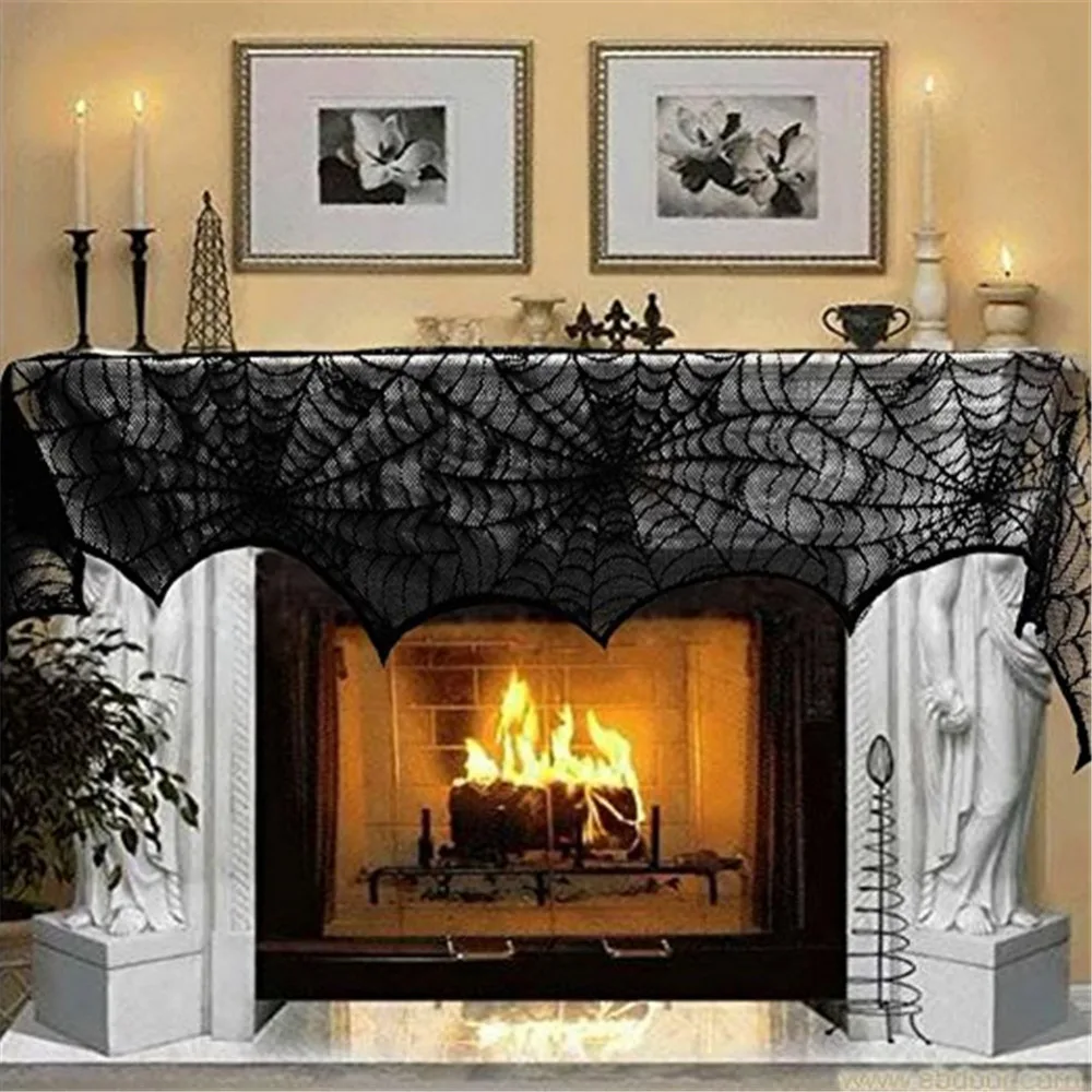 

Fireplace Scarf Cover Mantle Lace Runner Table Linens Halloween Decorations Party Black Lace Spiderweb Door Window Curtain Black
