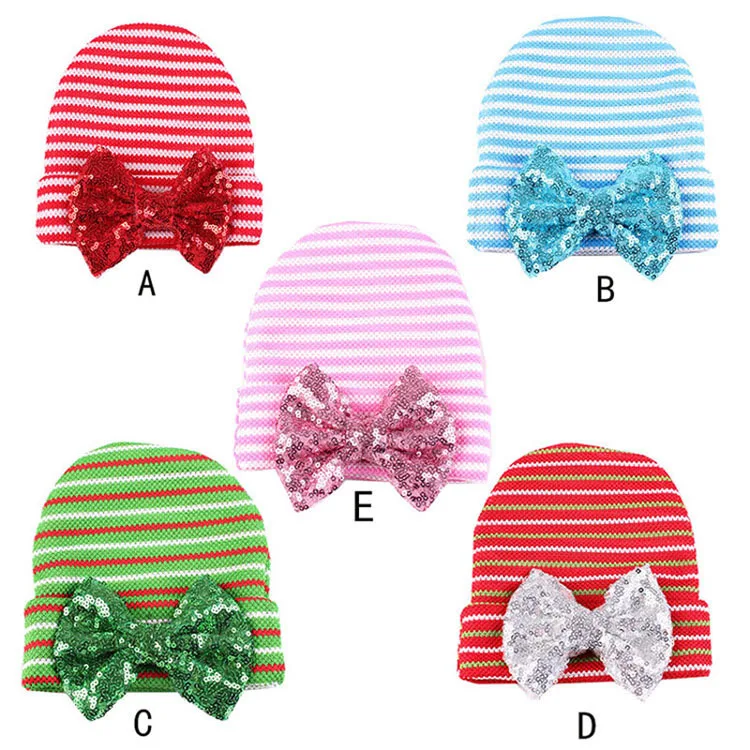 

1pc Newborn Infant Baby Stripe Sequin Bowknot Hospital Hat Knitted Beanie Cap Hair Band Accessories 5 Colours U-pick
