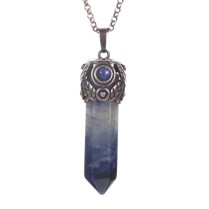 

Retro Red Copper Link Chain Natural Healing Point Gem Stone Quartzs Pendulum Hexagonal Crystal Pillar Column Pendant Necklace