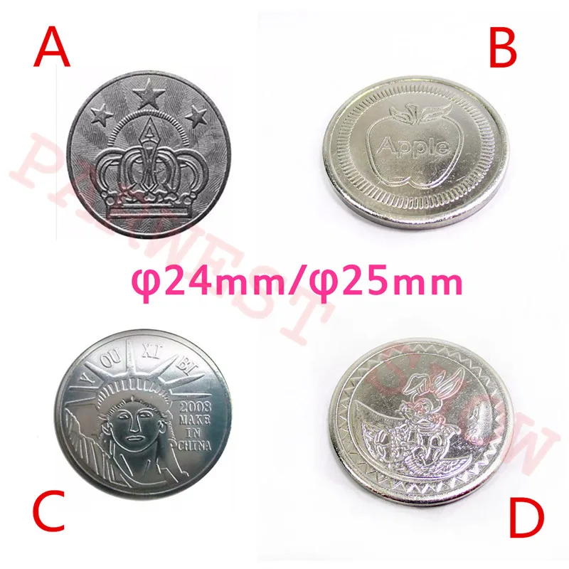 

100pcs Arcade Game Tokens 24mm/25mm Stainless steel token for Statue of Liberty /Crown /Moon/Apple logo Casino game currency