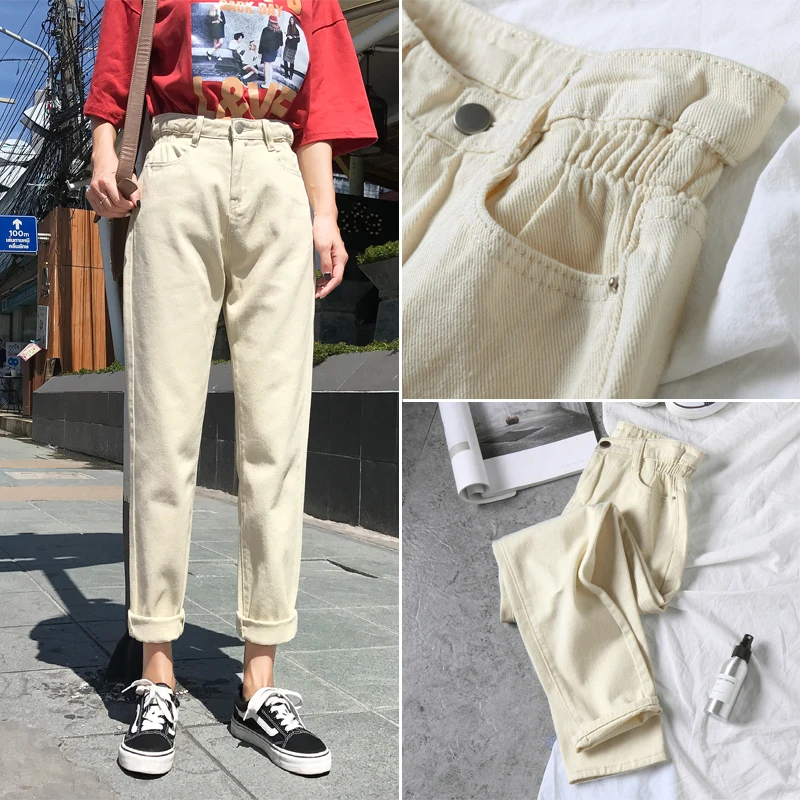 Prix Blanc taille haute jean pantalon femmes ample Vintage Harem petits amis jean Mujer Chic ample noir jean grande taille 2019 pantalons décontractés