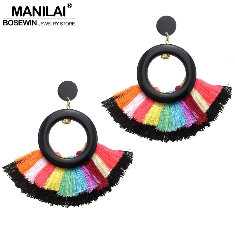 

MANILAI Bohemian Two Layers Cotton Flabellate Tassel Earrings Multicolor Jewelry Statement Big Dangle Long Earring For Women