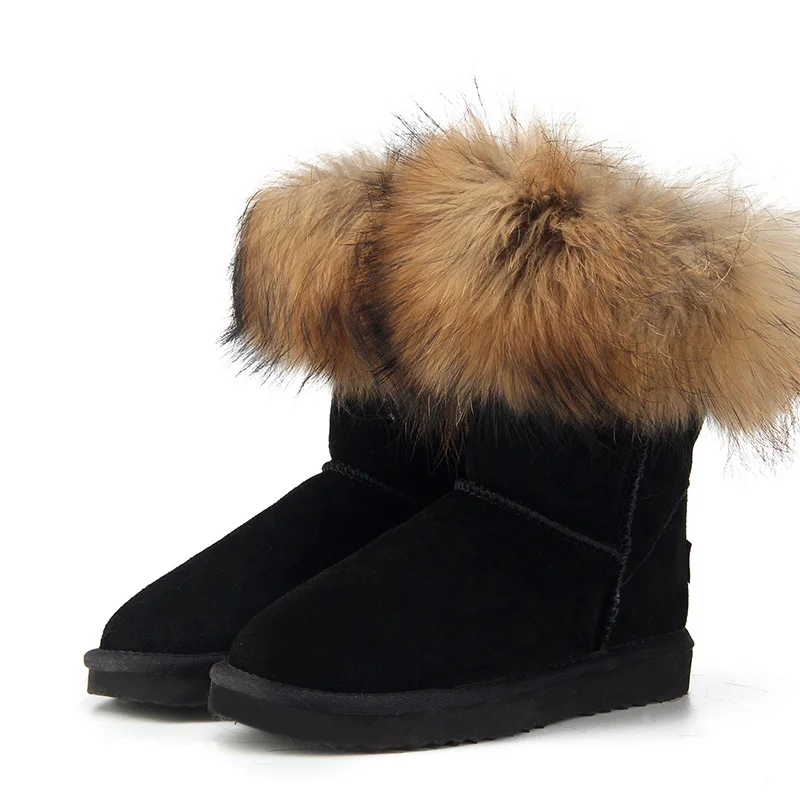 MBR FORCE Fashion Women's Natural Real fox Fur Snow Boots Genuine Cow Leather women Boots Female Warm Winter Boots Shoes - Цвет: Black