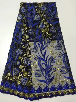 

African Lace Fabric 2019 High Quality 3d flowers embroidered Lace For Bride Wedding Fabric Nigerian Blue Gold Tulle Lace Fabric