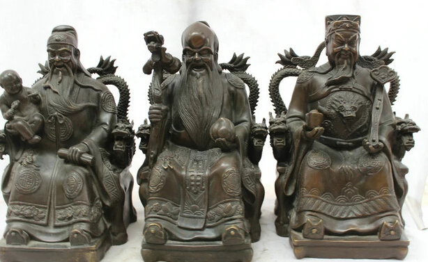

JP S0524 14" Chinese Bronze Folk Feng Shui Seat 3 Longevity God Fu Lu Shou Life Statue