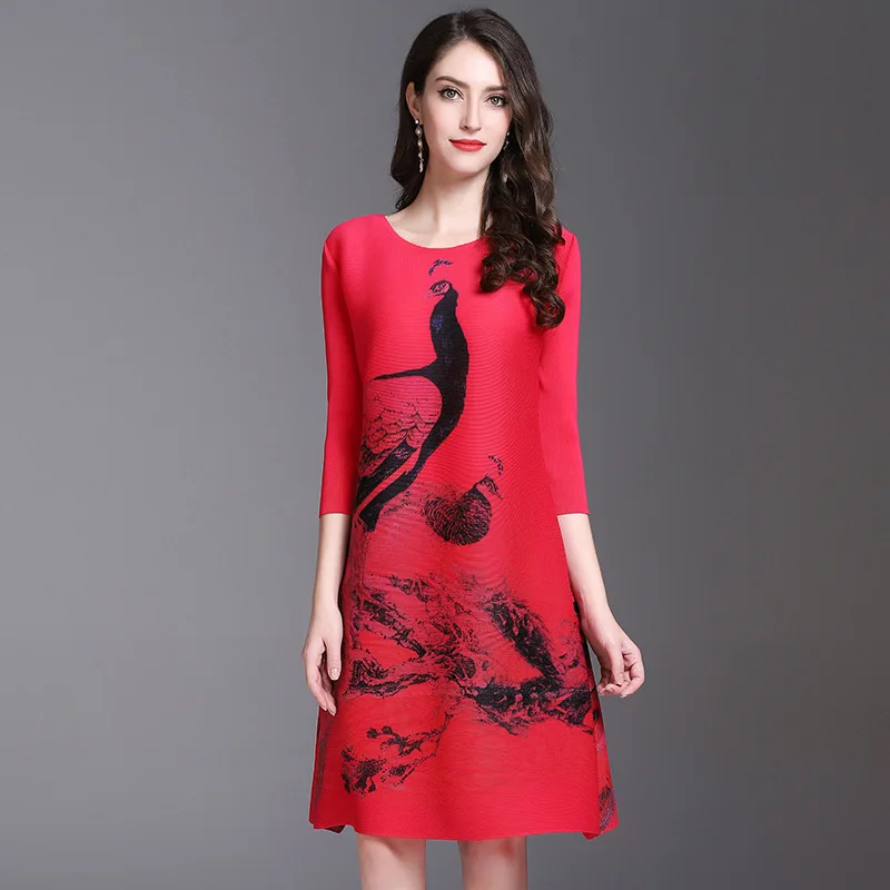

DEAT 2019 New Summer Styles Women Thin Clothes Round Neck Three Quarter Printed Loose Pleated Dress Pullover WF77007