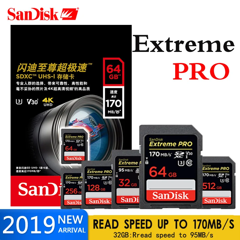 Карта памяти SanDisk Extreme Pro, SD карта, 64 ГБ, 256 ГБ, 128 ГБ, SDHC, SDXC, 170 м/с, 32 ГБ, класс 10, картао-де-Мемория, флеш-карта для камеры