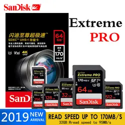 Карта памяти SanDisk Extreme Pro SD Card 64 GB 256 GB 128 GB SDHC SDXC 170 м/с 32 Гб Class10 картао де карты памяти карты для Камера