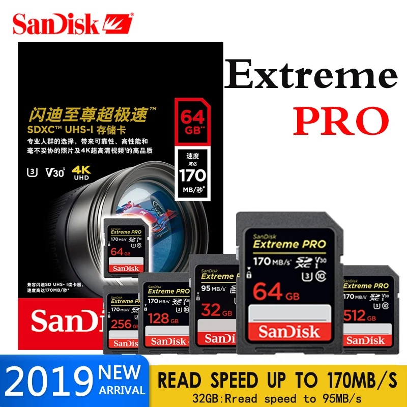 Карта памяти SanDisk Extreme Pro SD Card 64 Гб 256 ГБ 128 SDHC SDXC 170 м/с 32 Class10 карта флэш-карта для