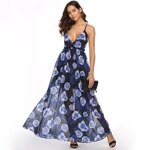 Women Bohemian Backless Maxi Dress Sexy Deep V Neck Bow Tie Cross Back Spaghetti Strap Dress New Flower Printed Chiffon Dress Women Bohemian Backless Maxi Dress Sexy Deep V Neck Bow Tie Cross Back Spaghetti Strap Dress New Flower Printed Chiffon Dress