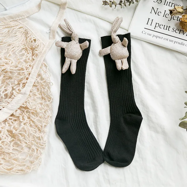 Теплые зимние детские длинные носки без пятки, дышащие удобные носки для девочек, милые детские носки с рисунком пота для детей 3-8 лет - Цвет: Черный