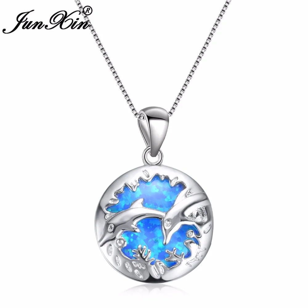 

JUNXIN Cute Animal Dolphin Pendant Necklaces For Women 925 Sterling Silver Blue Fire Opal Necklace Round Stone Wedding Jewelry
