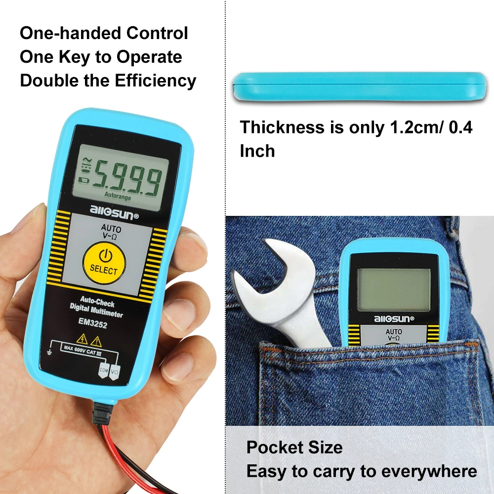 

ALL SUN EM3252 Auto Ranging Pocket Multimeter Digital Voltmeter Resistance Frequency Capacitance Continuity 7-Modes Tester