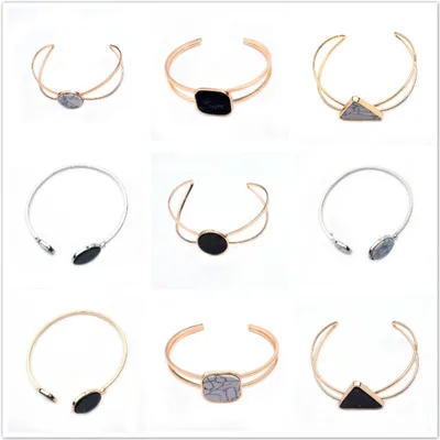 Fashion Gold Plate Black White Geometric Round Open Cuff Punk Bracelet Bangle Faux Marble Stone pulseras from India | Украшения и