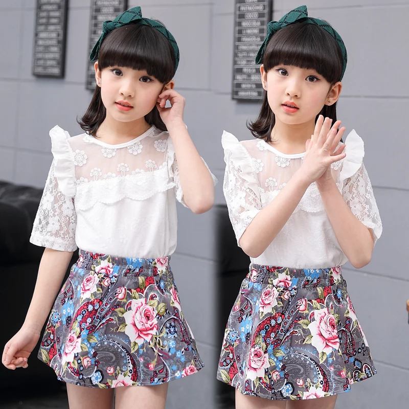 

3-13y Girls clothes sets summer two piece blouse+ skirts 2018 fashion o-neck female children clothing t-shirts and skirt suit