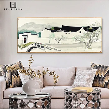 

Chinese Watercolor Painting Dwellinga Bridge and River Mountains and Cloud Canvas Print Wall Decorative Art Poster Home Decor