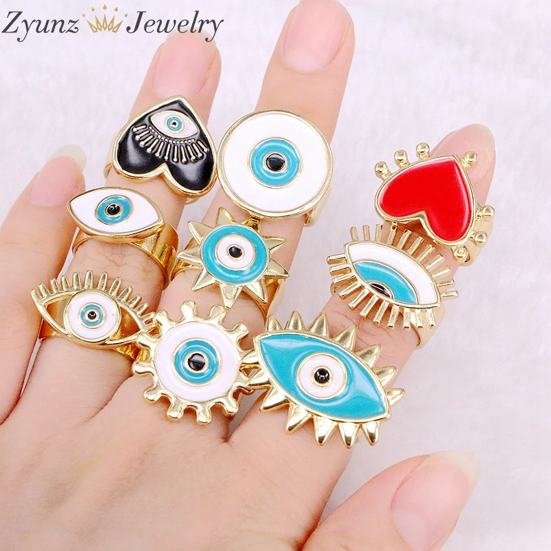 

10PCS, NEW Mix Enamel Eye Ring, Gems Rings, Women Jewelry Ring, Blue / Black/Red Enamel Ring, Adjustable