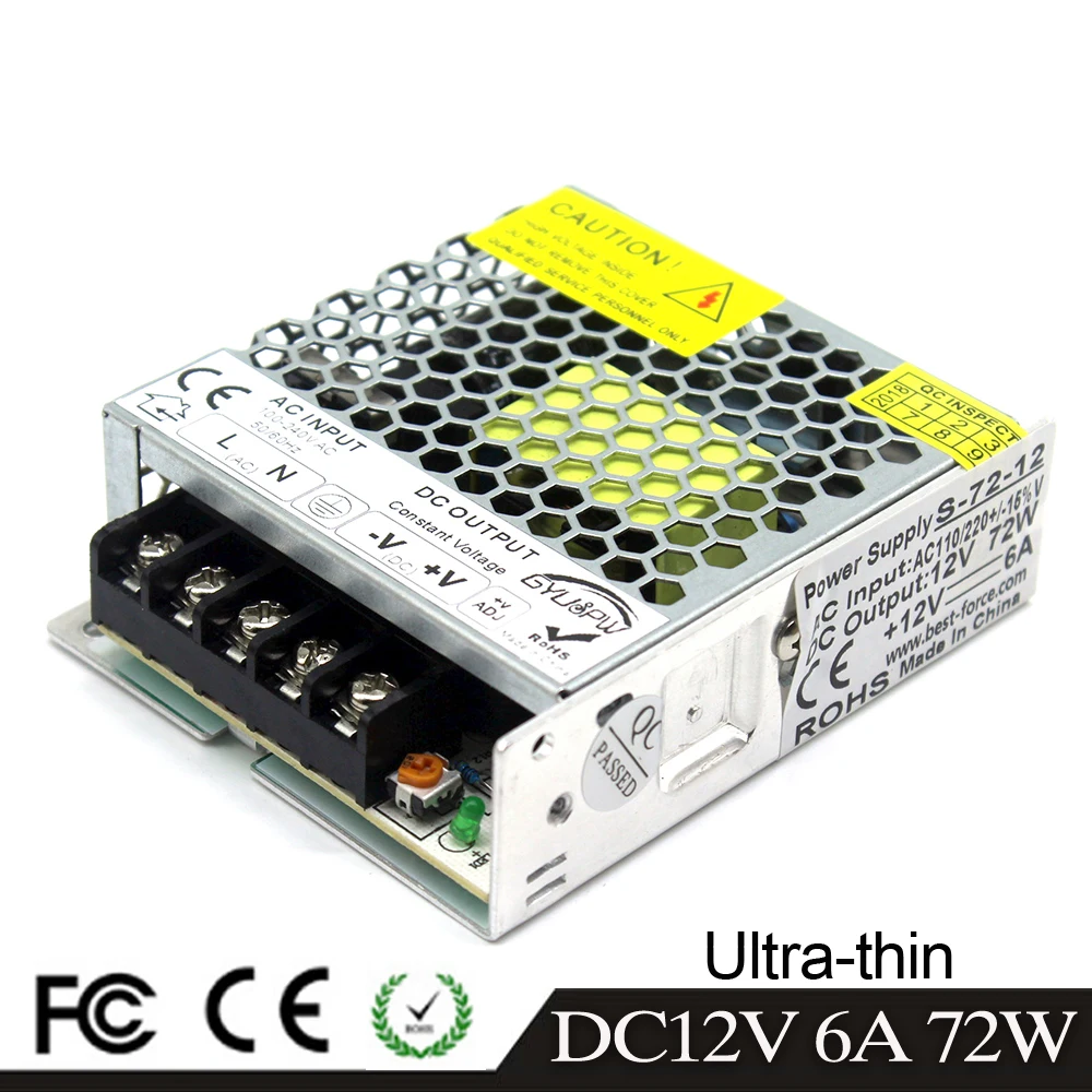 

Ultra-thin Switch Power Supply DC 12V 6A 72W Power Source LED Driver Transformers 110V 220V AC-DC SMPS For Strip Light Lamp CCTV