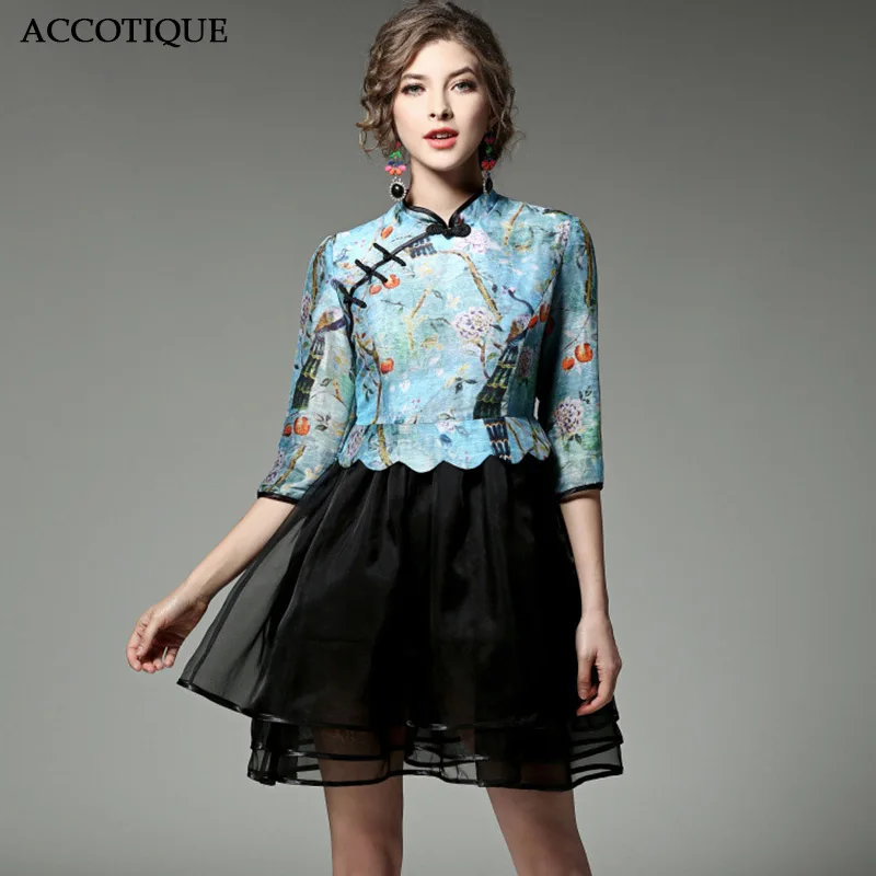 

Chinese Style 2017 New Spring Summer Women's Silk Organza Patchwork Ball Gown Lady Printed Stand Collar Short Dresses