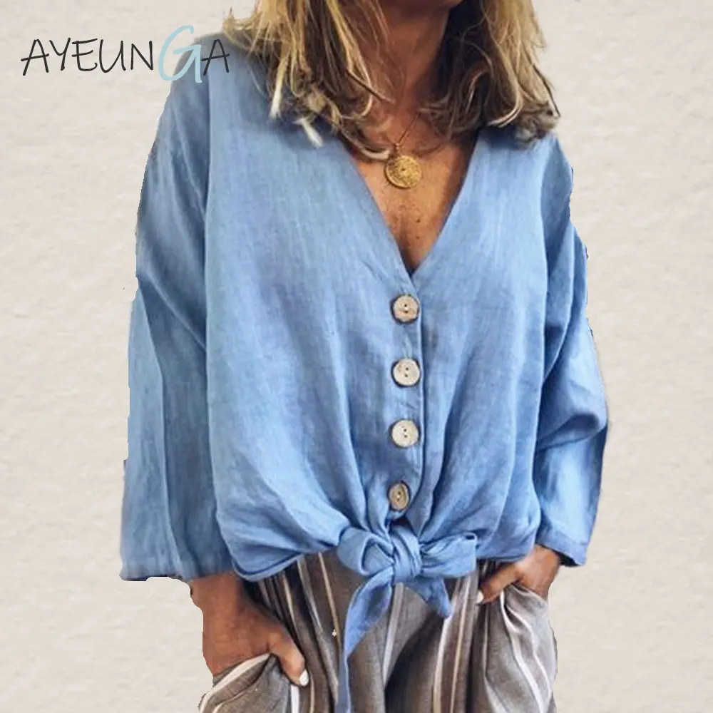 

Button Knotted Hem Shirt Womens Tops And Blouses V-Neck Casual Office Summer Tops Solid 2019 Long Sleeve Sexy Women Blouse