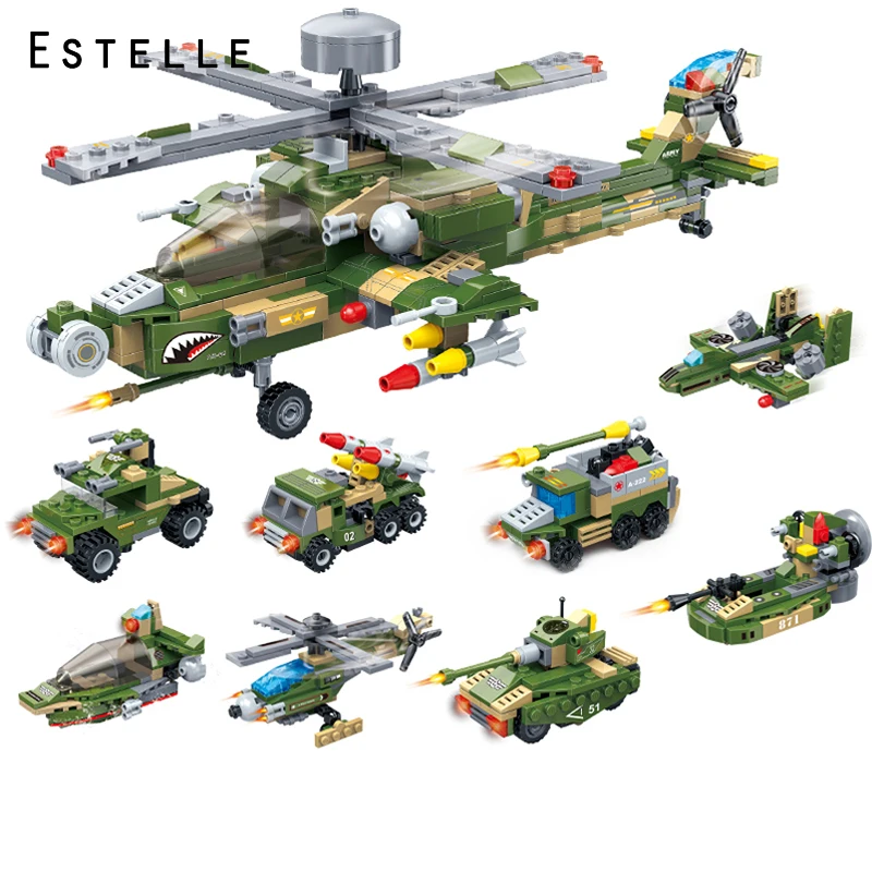 

648pcs 8 In 1Military Series Apache Armed Helicopter Tank Armor Building Blocks For Kids Toys Compatible Legoings Bricks Gifts
