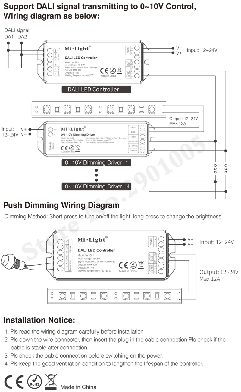 MiBOXER DL1 DALI светодиодный контроллер DC12~ 24V входной сигнал DALI затемнение сигнал/Push Dimming; Макс 12A; одноцветный светодиодный диммер