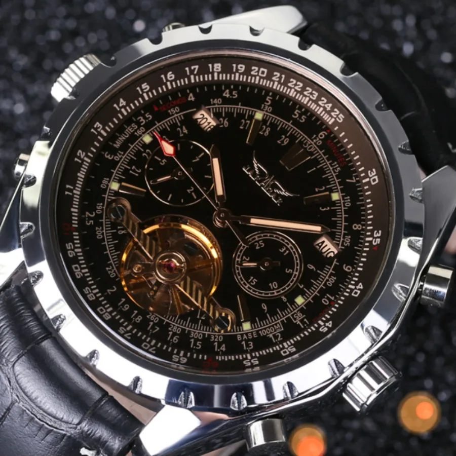 

JARAGAR Luxury Orologio Uomo Men's 6 Hands Auto Mechanical Watches Leather Wristwatch Dress Diamond Mechanical Wrist Watch