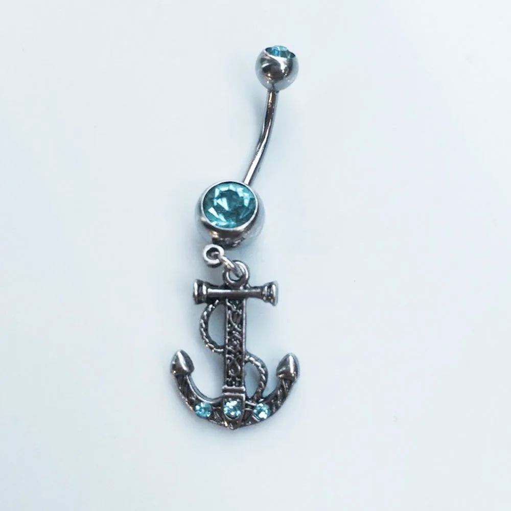 

High quality Cross Anchor Medical Steel Blue Crystal Rhinestone Belly Button Ring Dangle Navel Body Jewelry Piercings Tassel