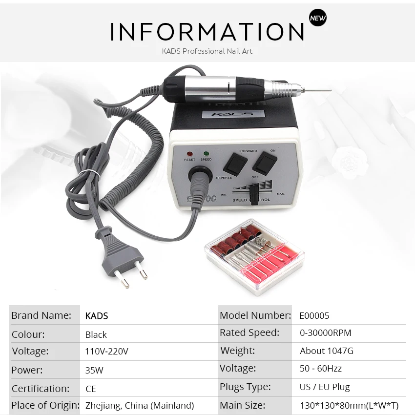KADS 30000 об/мин маникюрный Электрический педикюрный станок 35 Вт дрель для ногтей Набор ручек черная дрель для ногтей инструменты для маникюра и педикюра