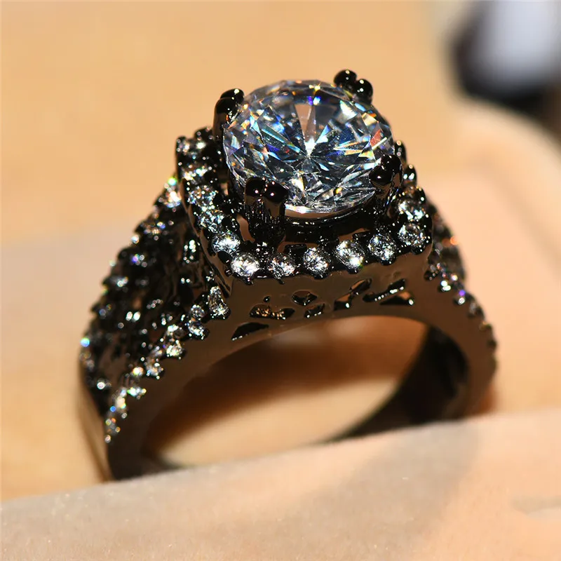 

Luxury Male Female Big Crystal Stone Ring Vintage Black Gold Filled Wedding Jewelry Large Solitaire Rings For Men And Women