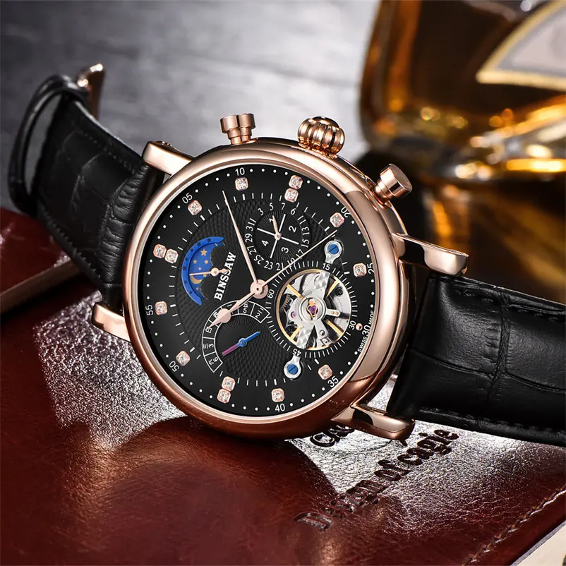 BINSSAW мужские часы Tourbillon роскошные модные повседневные брендовые кожаные