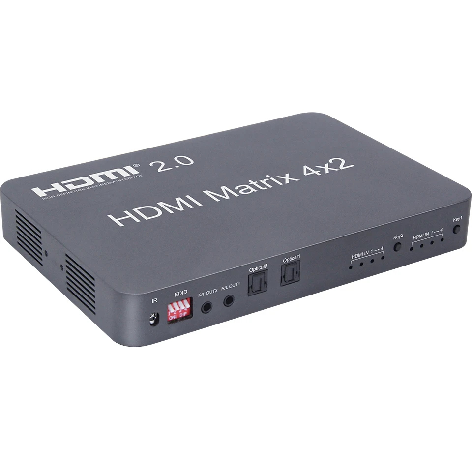 4x2 HDMI 2 0 Matrix splitter 4 x HDMI signal input 2 output Support for fiber and stereo headphone output