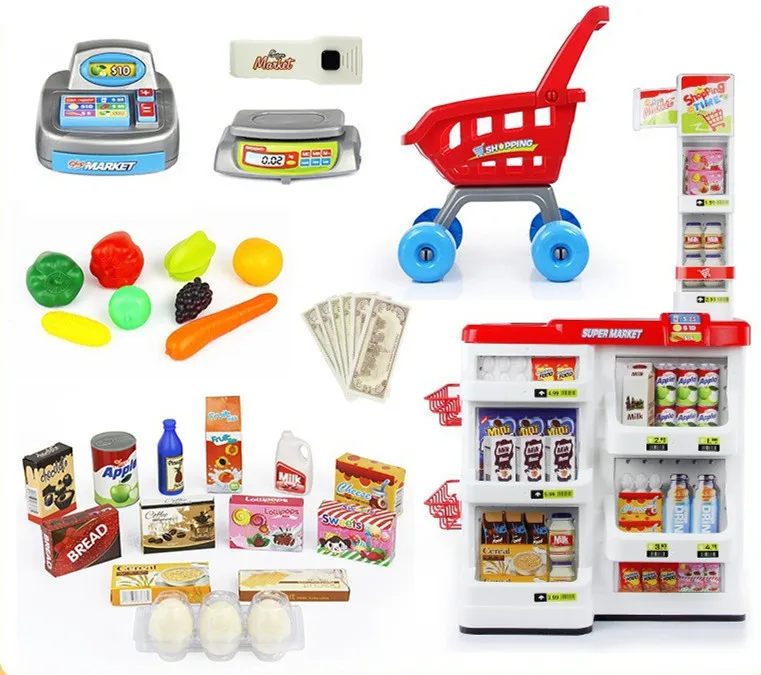 

[Best] 34pcs/set Simulation supermarket red cash register cart shelf set fun toy pretend play imitate cashier salesclerk gift