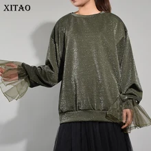 [XITAO] Европа Новое поступление Осенняя мода женские сетчатые лоскутные Футболки с расклешенными рукавами женские футболки с длинным рукавом и круглым вырезом XWW3215