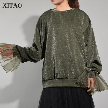 

[XITAO] Europe 2018 New Arrival Autumn Fashion Women Mesh Patchwork Flare Sleeve T-Shirts Female Full Sleeve O-Neck Tees XWW3215