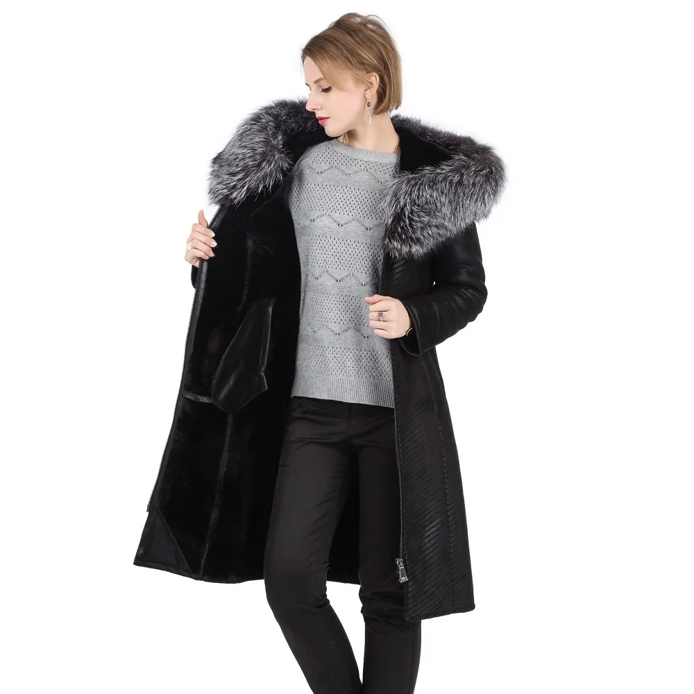 Женское теплое зимнее пальто с капюшоном, настоящий бренд Fox Fur Trim Hood, двустороннее меховое пальто, женское приталенное женское элегантное пальто из искусственного меха