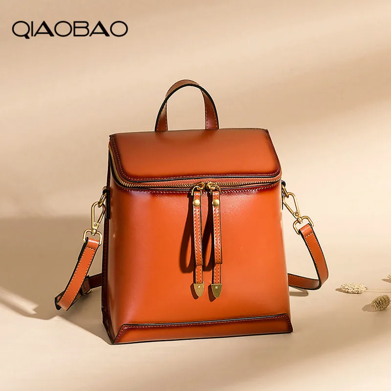 

QIAOBAO 2019 new retro college wind shoulder bag Genuine Leather shoulder bag Designer Leather backpack female bags
