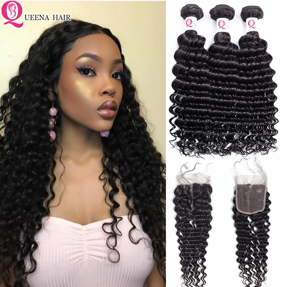 

Queena Peruvian Deep Wave Bundles With Lace Closure Natural Black Deep Curly Virgin Human Hair Bundles With Closure Affordable