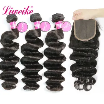 

Liweike Loose Wave Brazilian 3 4 Bundles With 4*4 Closure 100% Remy Human Hair Weft Extensions Weaves Natural 1B Color Bundle