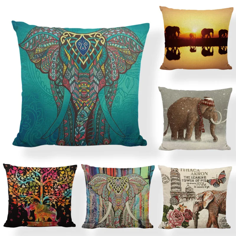

Geometric Indian Elephant Mandala Statue Roses Cushion Cover 17*17Inch Sunset Senic Striped Living Room Office Couch Decorate